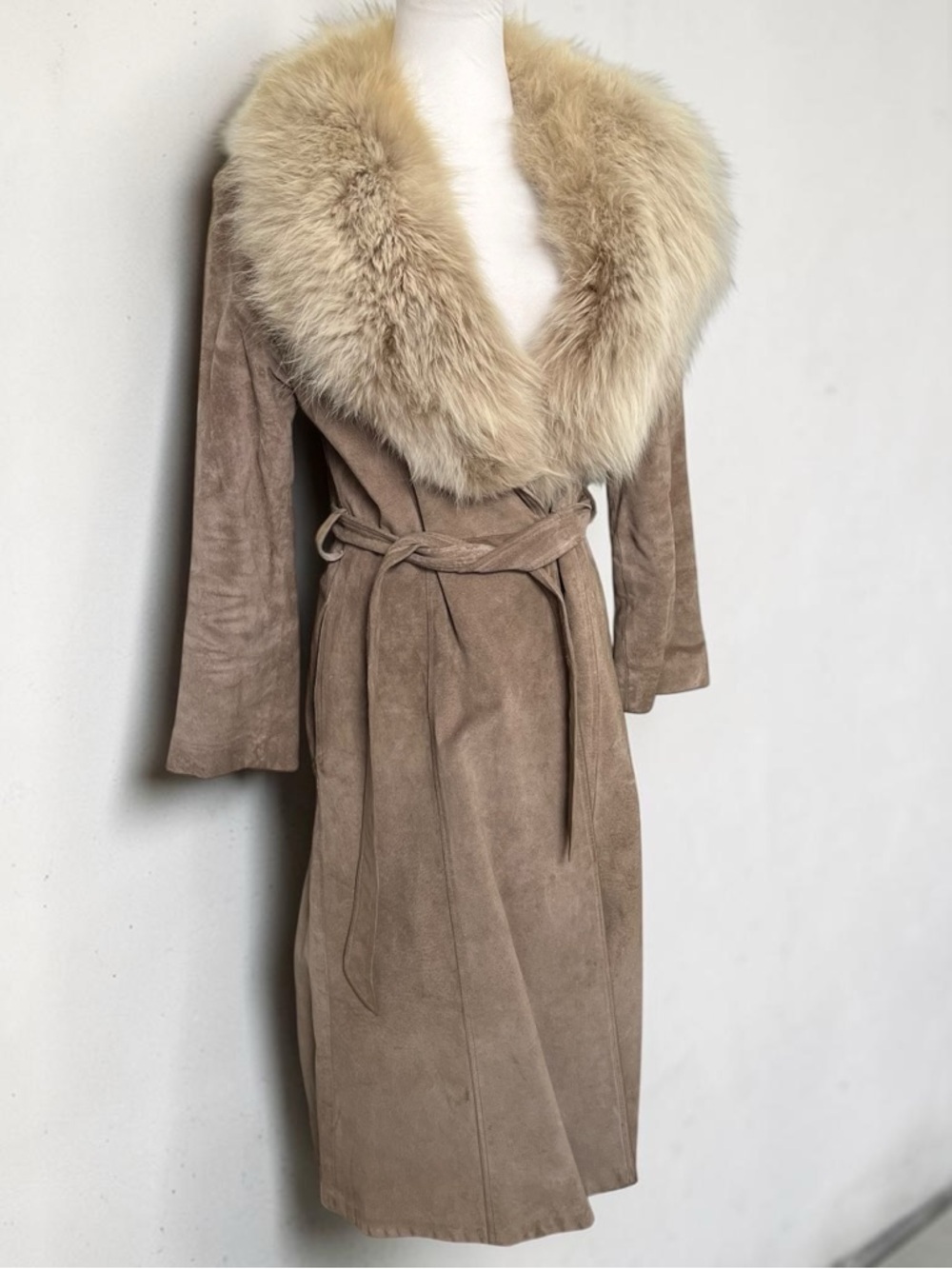 Vintage Suede Coat w Fur Collar Belted Taupe Luxe Winter Coat XS